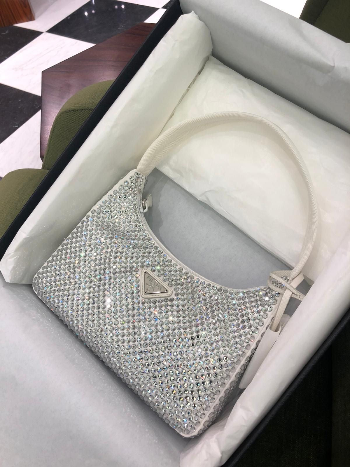 White Rhinestone Prada Bag